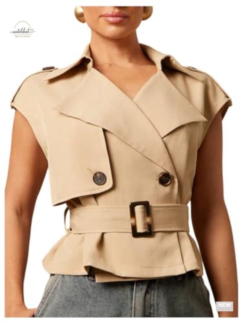 Women's Belted Trench Vest Coat Business Casual Lapel Sleeveless